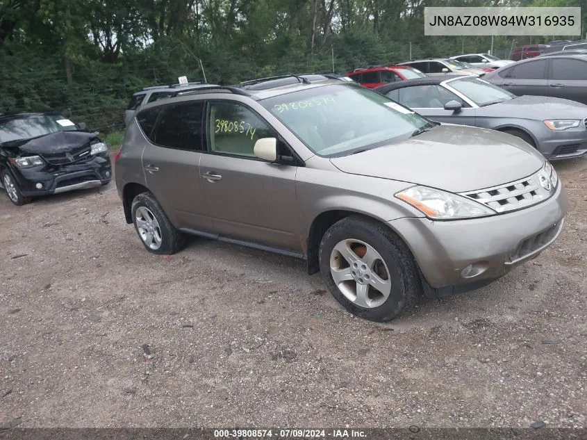 2004 Nissan Murano Sl VIN: JN8AZ08W84W316935 Lot: 39808574