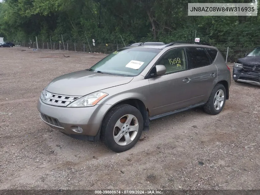 2004 Nissan Murano Sl VIN: JN8AZ08W84W316935 Lot: 39808574