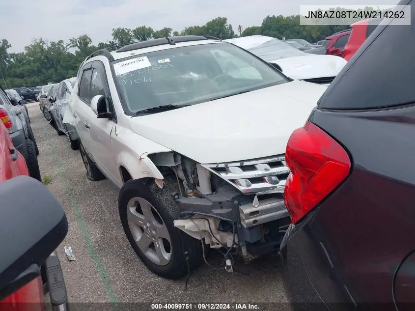 2004 Nissan Murano Sl VIN: JN8AZ08T24W214262 Lot: 40099751