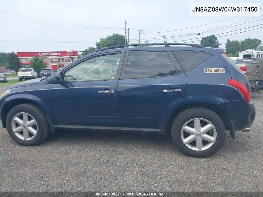 2004 Nissan Murano Se VIN: JN8AZ08W04W317450 Lot: 40139271