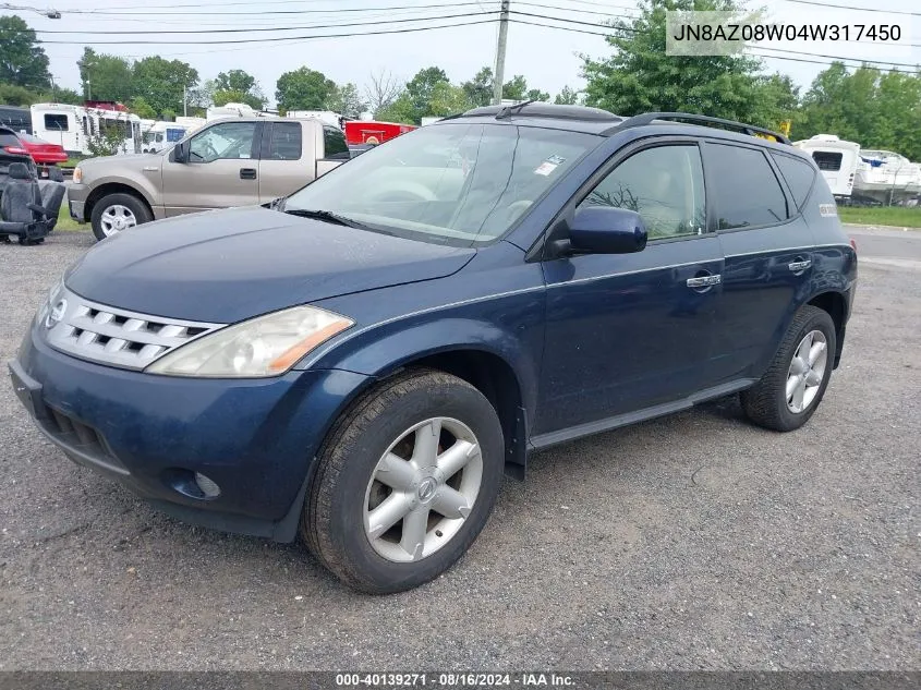 2004 Nissan Murano Se VIN: JN8AZ08W04W317450 Lot: 40139271