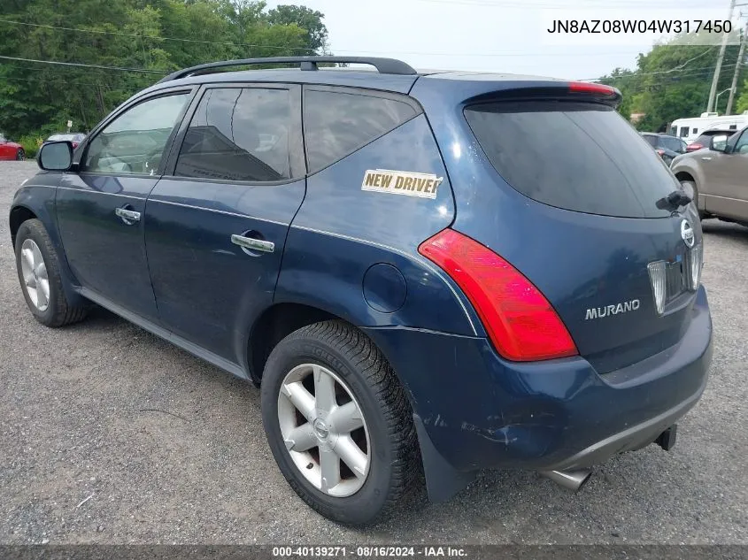 2004 Nissan Murano Se VIN: JN8AZ08W04W317450 Lot: 40139271