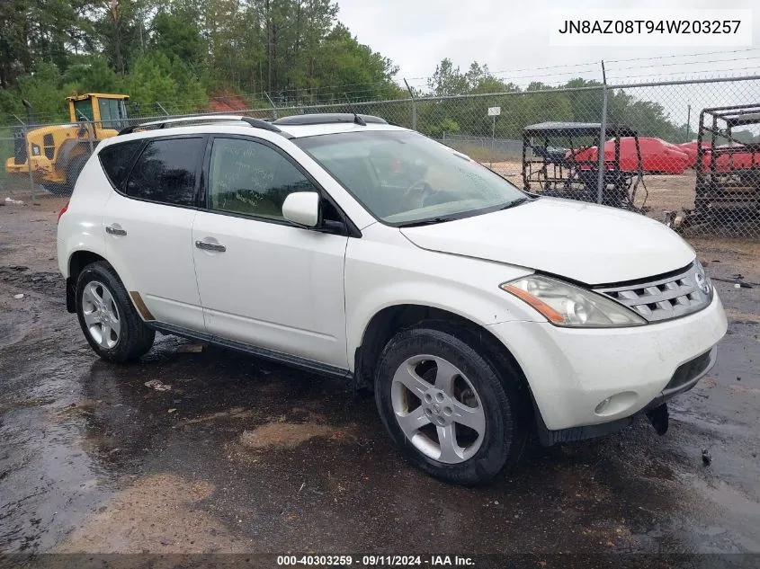 2004 Nissan Murano Sl VIN: JN8AZ08T94W203257 Lot: 40303259