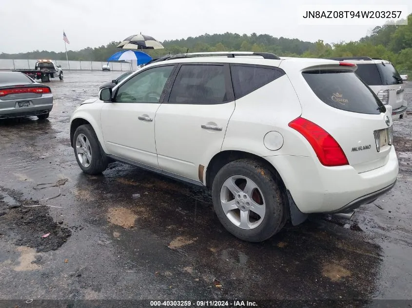 2004 Nissan Murano Sl VIN: JN8AZ08T94W203257 Lot: 40303259