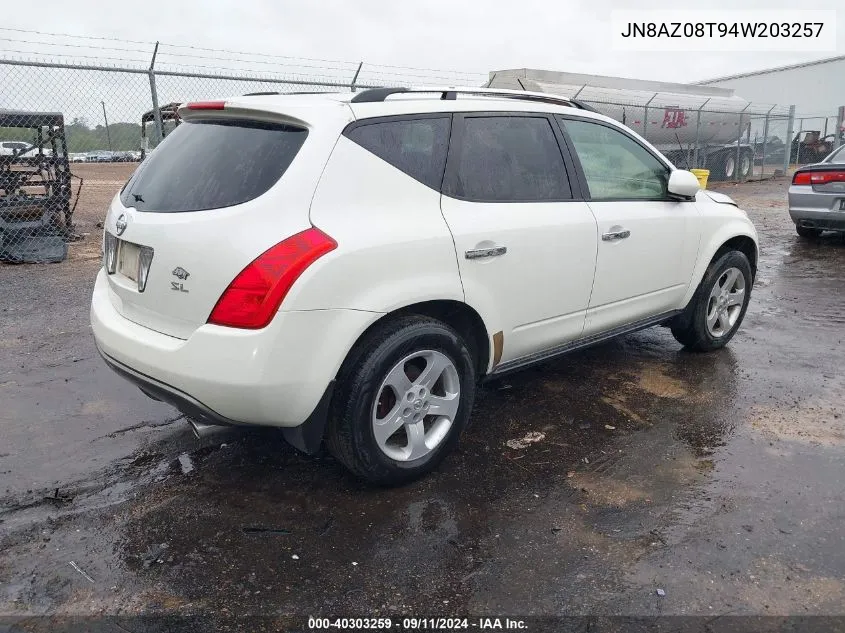 2004 Nissan Murano Sl VIN: JN8AZ08T94W203257 Lot: 40303259