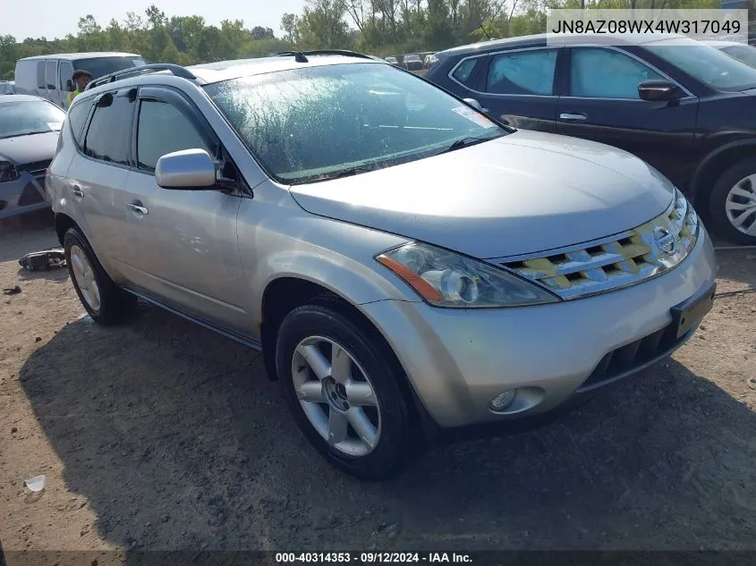 2004 Nissan Murano Se VIN: JN8AZ08WX4W317049 Lot: 40314353