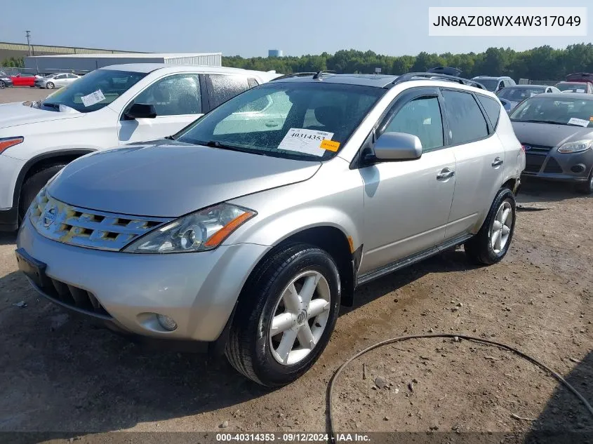 2004 Nissan Murano Se VIN: JN8AZ08WX4W317049 Lot: 40314353