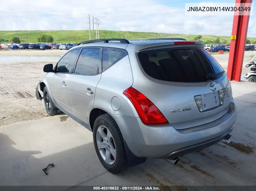 2004 Nissan Murano Sl/Se VIN: JN8AZ08W14W304349 Lot: 40319632