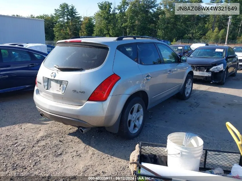 2004 Nissan Murano Sl VIN: JN8AZ08WX4W321649 Lot: 40335911