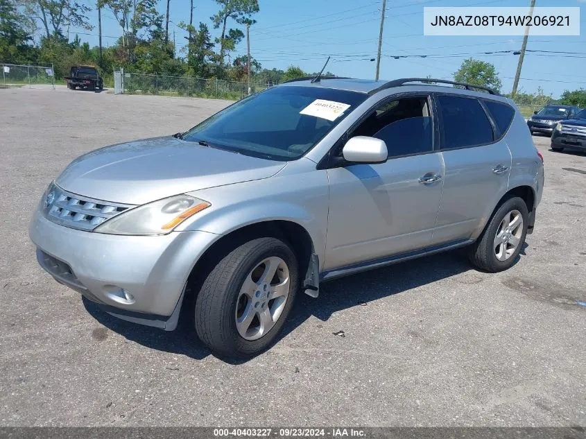 2004 Nissan Murano Sl VIN: JN8AZ08T94W206921 Lot: 40403227