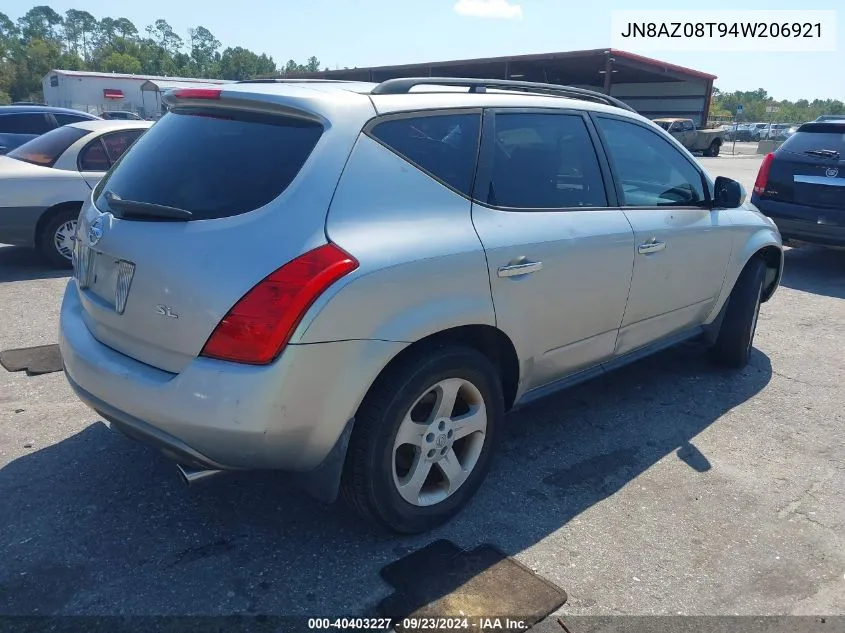 2004 Nissan Murano Sl VIN: JN8AZ08T94W206921 Lot: 40403227