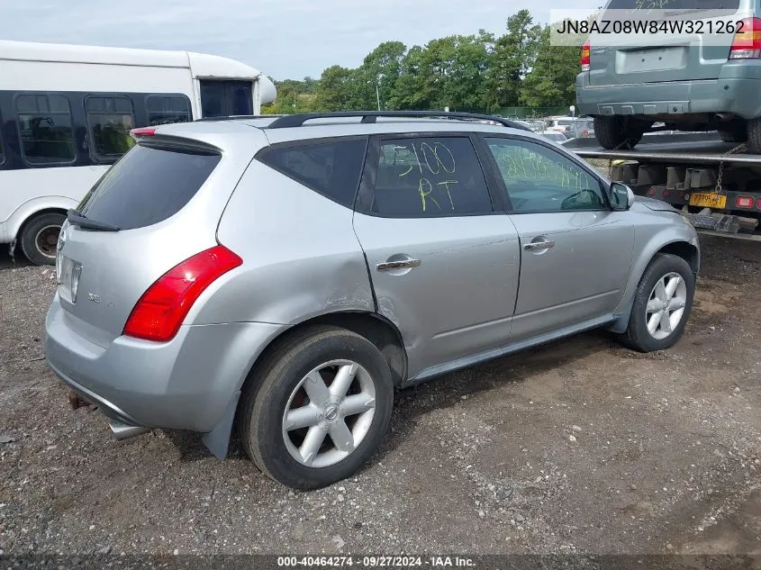 2004 Nissan Murano Se VIN: JN8AZ08W84W321262 Lot: 40464274