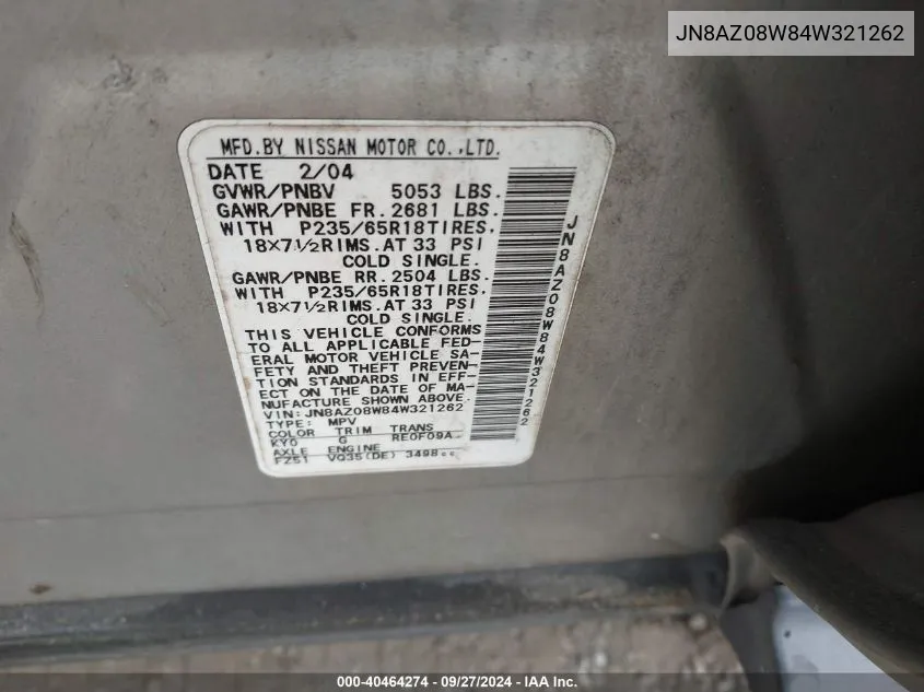 JN8AZ08W84W321262 2004 Nissan Murano Se