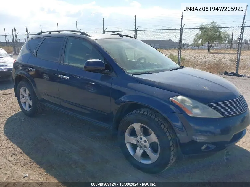 2004 Nissan Murano Sl VIN: JN8AZ08T94W205929 Lot: 40569124