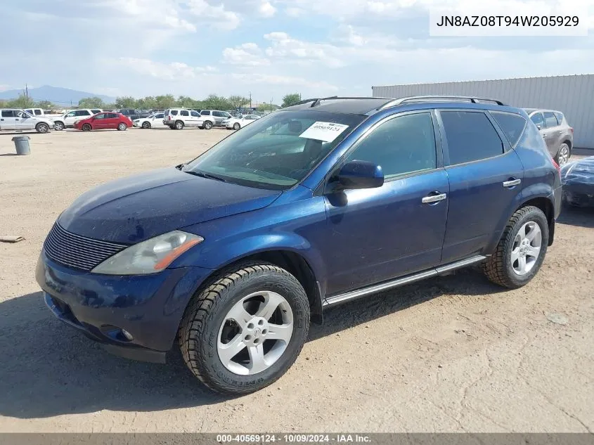 2004 Nissan Murano Sl VIN: JN8AZ08T94W205929 Lot: 40569124