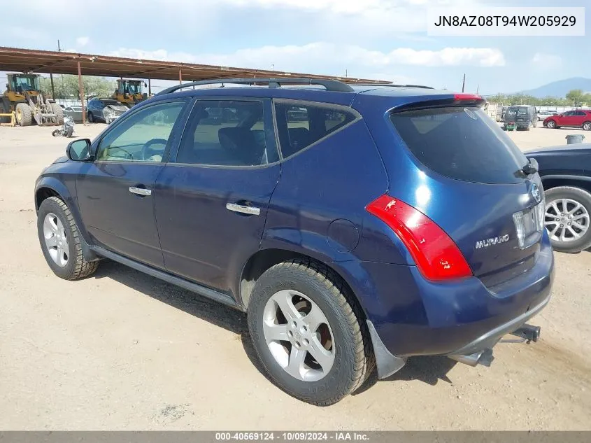 2004 Nissan Murano Sl VIN: JN8AZ08T94W205929 Lot: 40569124