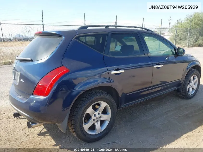 2004 Nissan Murano Sl VIN: JN8AZ08T94W205929 Lot: 40569124