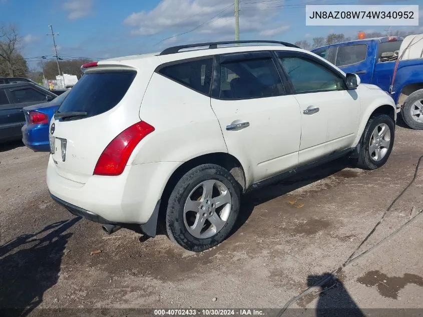 2004 Nissan Murano Sl VIN: JN8AZ08W74W340952 Lot: 40702433