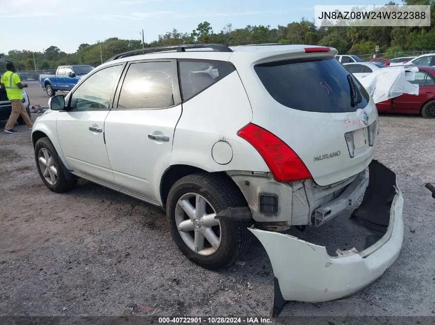 2004 Nissan Murano Se VIN: JN8AZ08W24W322388 Lot: 40722901