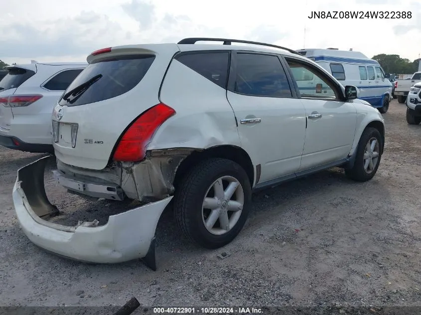 2004 Nissan Murano Se VIN: JN8AZ08W24W322388 Lot: 40722901