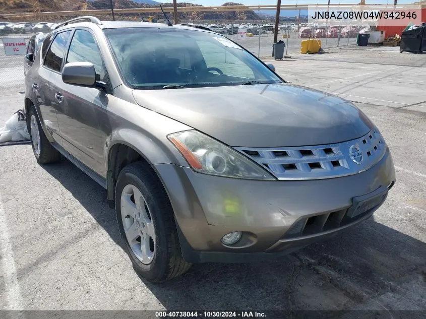 2004 Nissan Murano Sl VIN: JN8AZ08W04W342946 Lot: 40738044