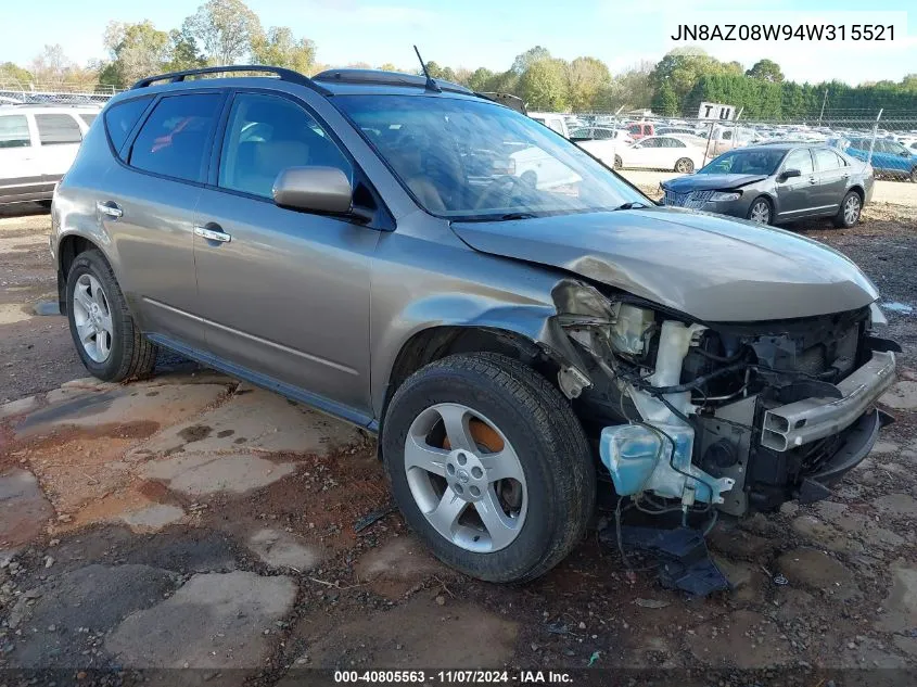 2004 Nissan Murano Sl VIN: JN8AZ08W94W315521 Lot: 40805563