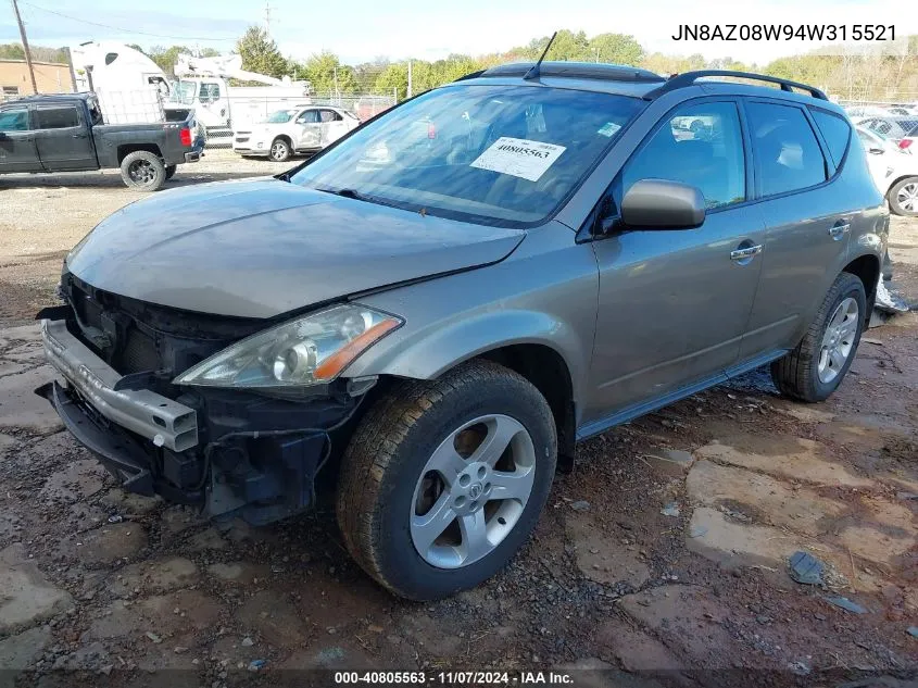 2004 Nissan Murano Sl VIN: JN8AZ08W94W315521 Lot: 40805563