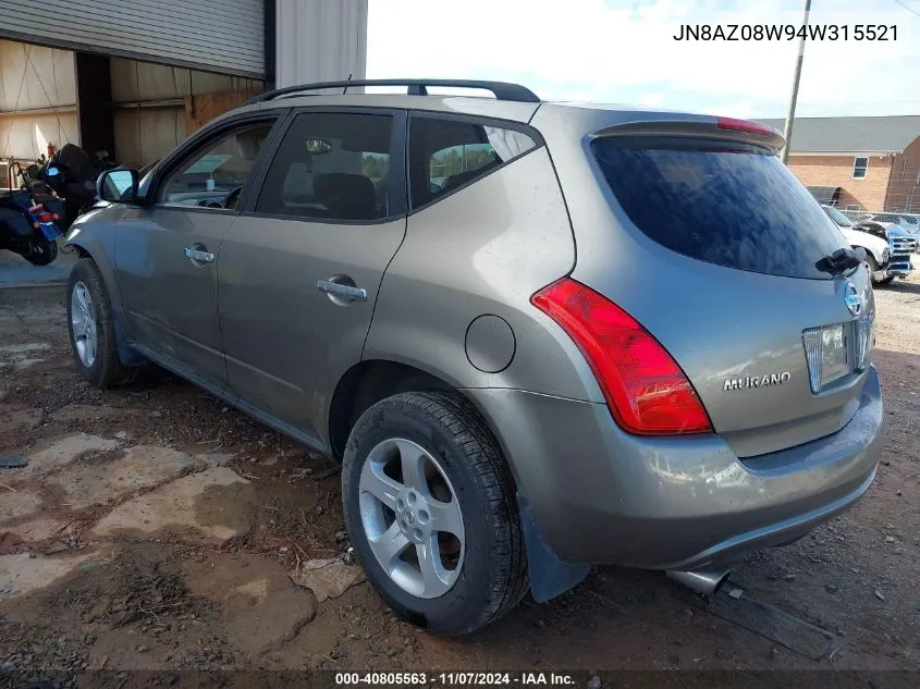 2004 Nissan Murano Sl VIN: JN8AZ08W94W315521 Lot: 40805563