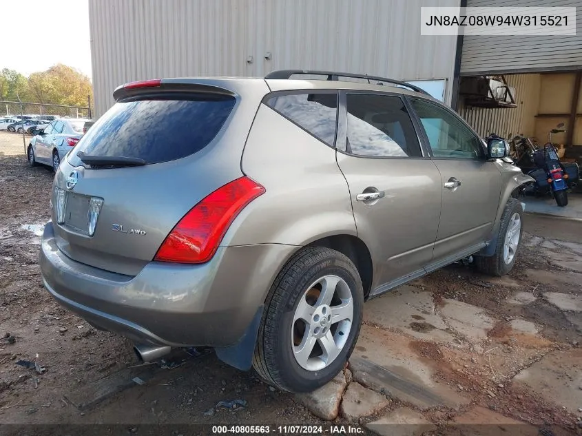 2004 Nissan Murano Sl VIN: JN8AZ08W94W315521 Lot: 40805563