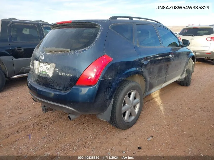 2004 Nissan Murano Se VIN: JN8AZ08W54W335829 Lot: 40838880