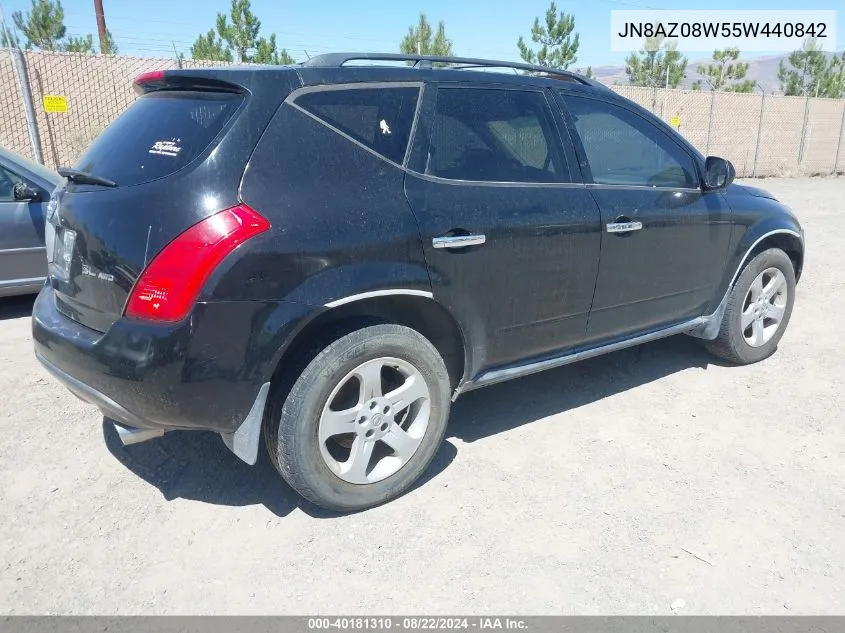 2005 Nissan Murano Sl VIN: JN8AZ08W55W440842 Lot: 40181310