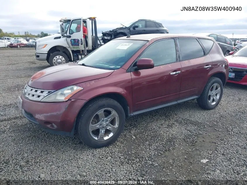 2005 Nissan Murano Sl VIN: JN8AZ08W35W400940 Lot: 40438429