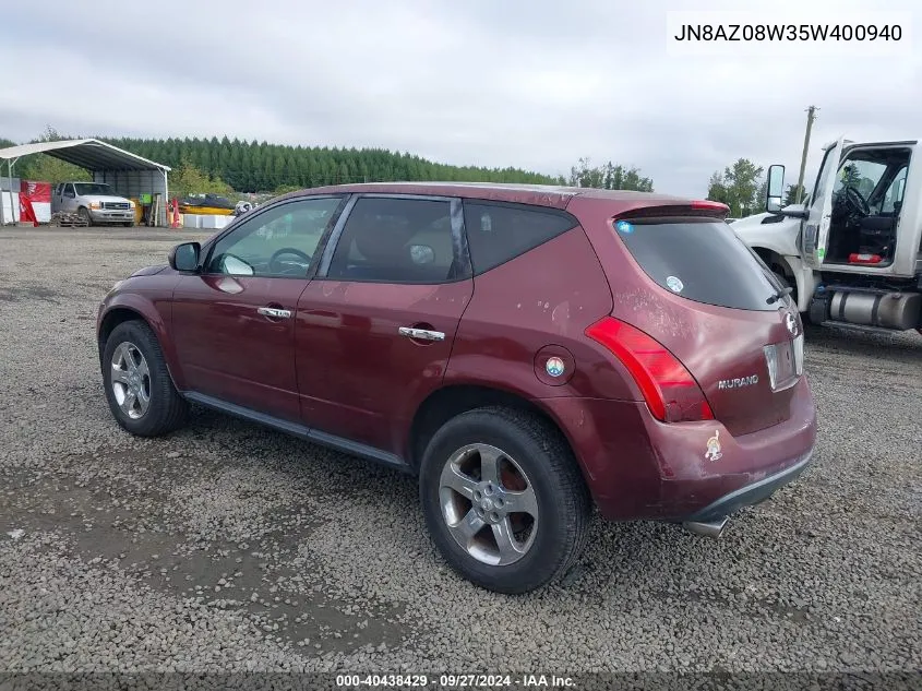 2005 Nissan Murano Sl VIN: JN8AZ08W35W400940 Lot: 40438429