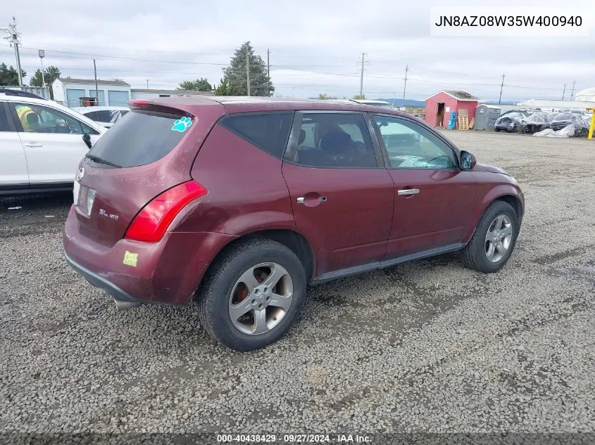 2005 Nissan Murano Sl VIN: JN8AZ08W35W400940 Lot: 40438429