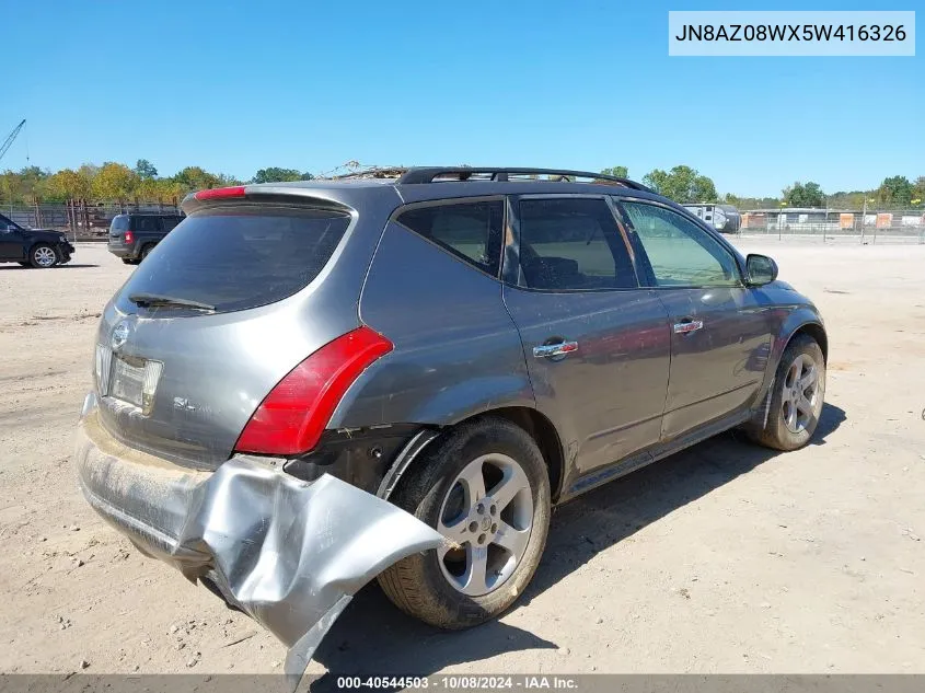 2005 Nissan Murano Sl VIN: JN8AZ08WX5W416326 Lot: 40544503