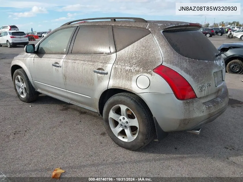 2005 Nissan Murano S VIN: JN8AZ08T85W320930 Lot: 40740786