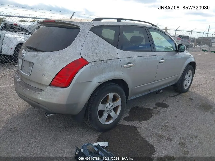 2005 Nissan Murano S VIN: JN8AZ08T85W320930 Lot: 40740786