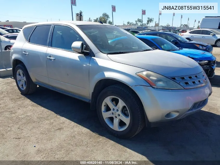 2005 Nissan Murano S VIN: JN8AZ08T55W315541 Lot: 40820140