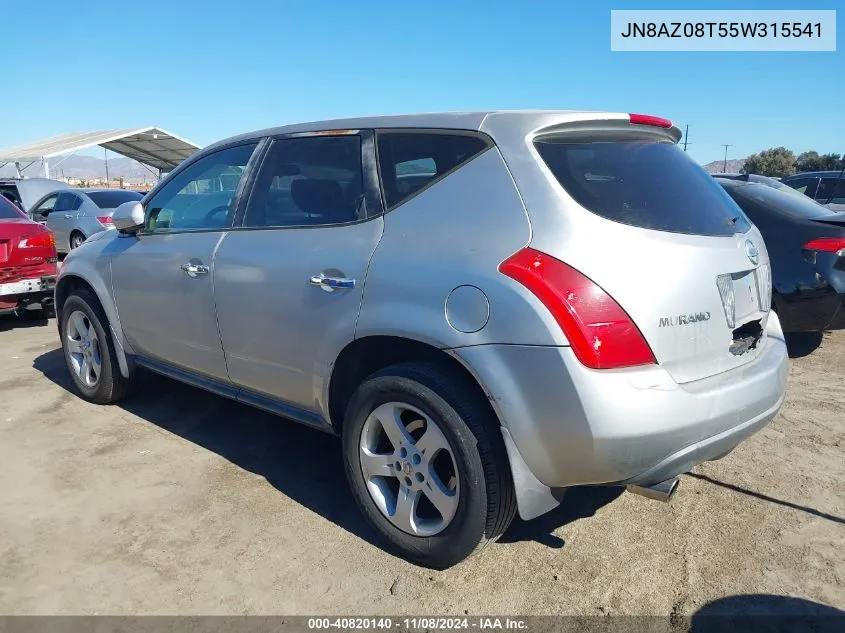 2005 Nissan Murano S VIN: JN8AZ08T55W315541 Lot: 40820140