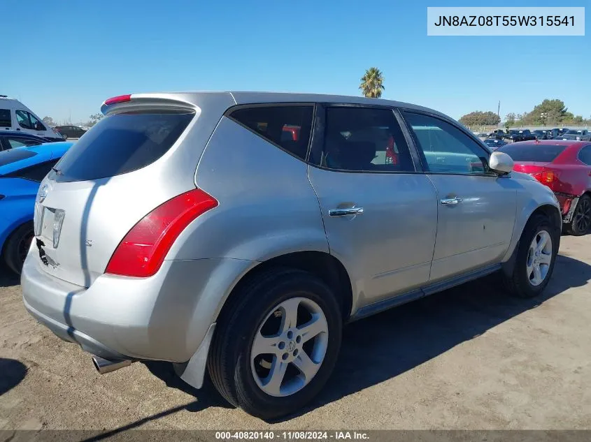 2005 Nissan Murano S VIN: JN8AZ08T55W315541 Lot: 40820140