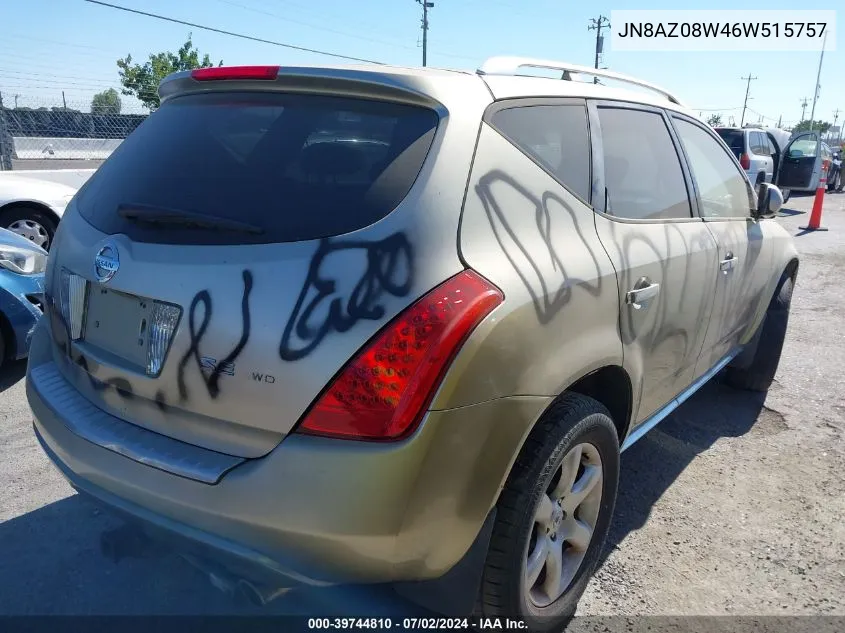 2006 Nissan Murano Se VIN: JN8AZ08W46W515757 Lot: 39744810