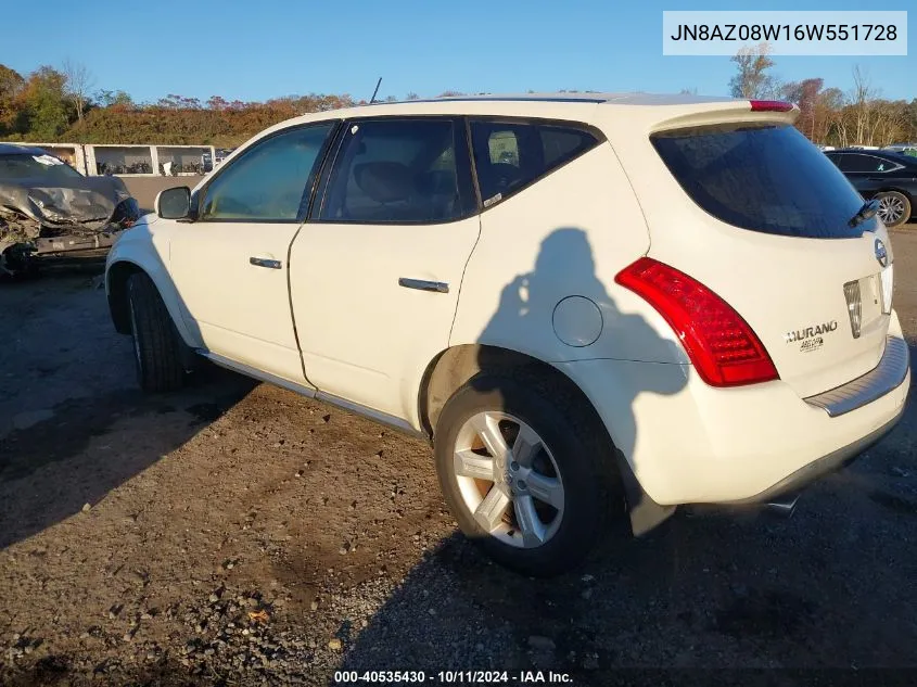 2006 Nissan Murano Sl VIN: JN8AZ08W16W551728 Lot: 40535430