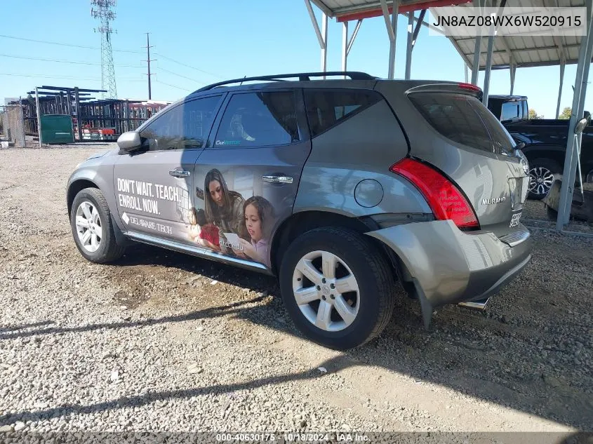 2006 Nissan Murano Sl VIN: JN8AZ08WX6W520915 Lot: 40630175