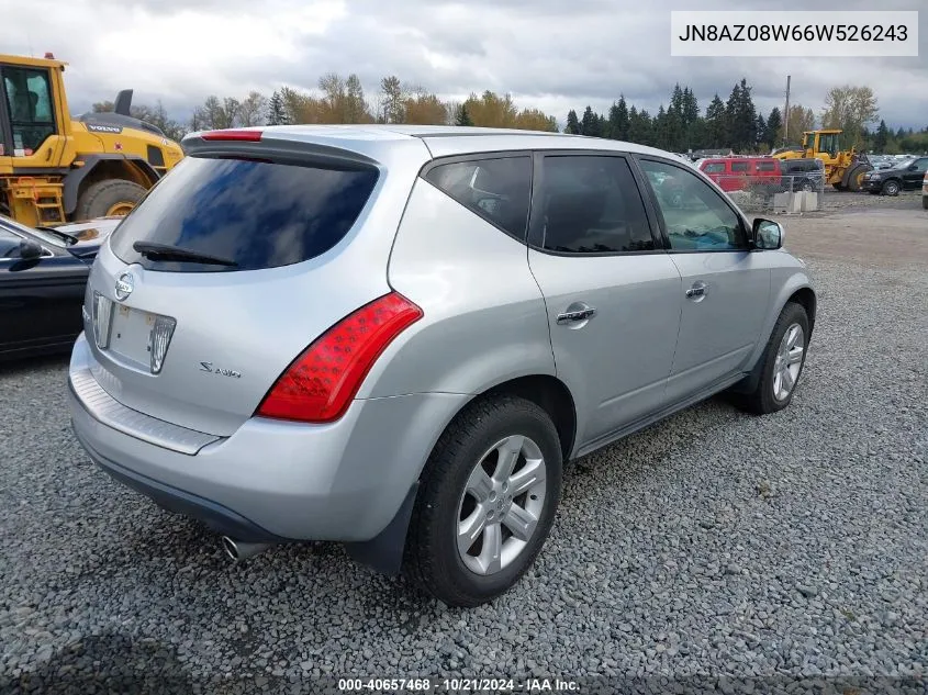 2006 Nissan Murano S VIN: JN8AZ08W66W526243 Lot: 40657468