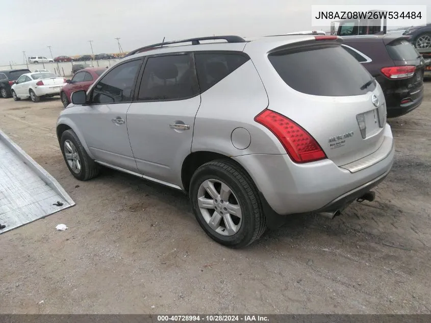 2006 Nissan Murano Sl VIN: JN8AZ08W26W534484 Lot: 40728994