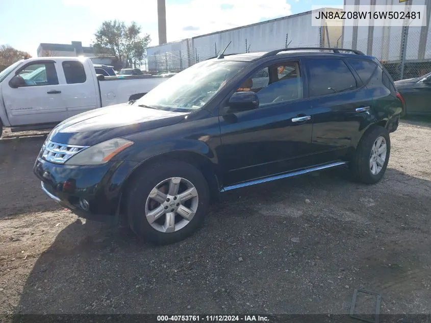 2006 Nissan Murano Sl VIN: JN8AZ08W16W502481 Lot: 40753761