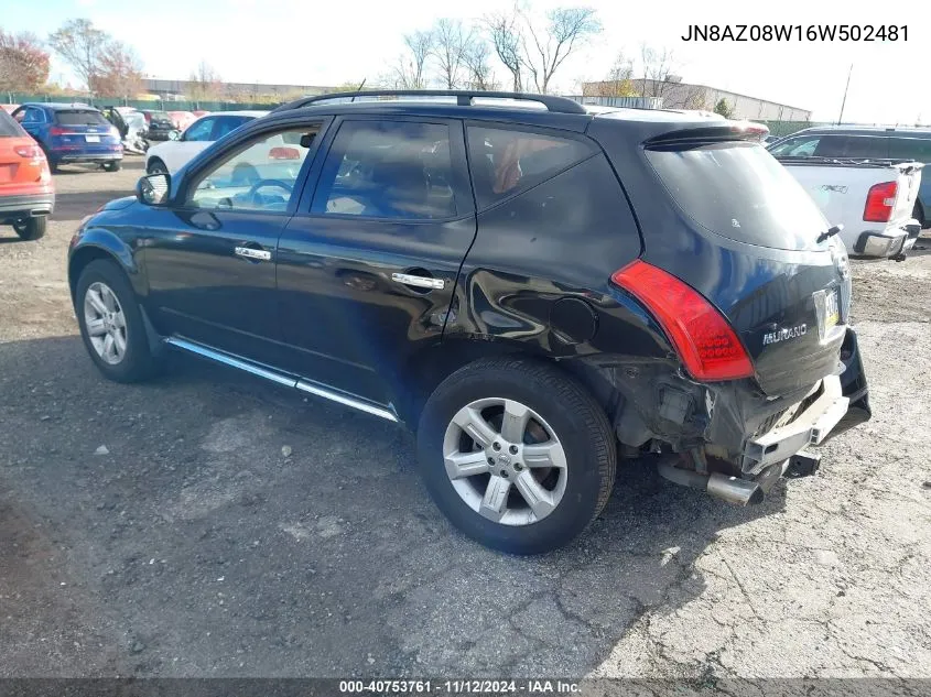 2006 Nissan Murano Sl VIN: JN8AZ08W16W502481 Lot: 40753761