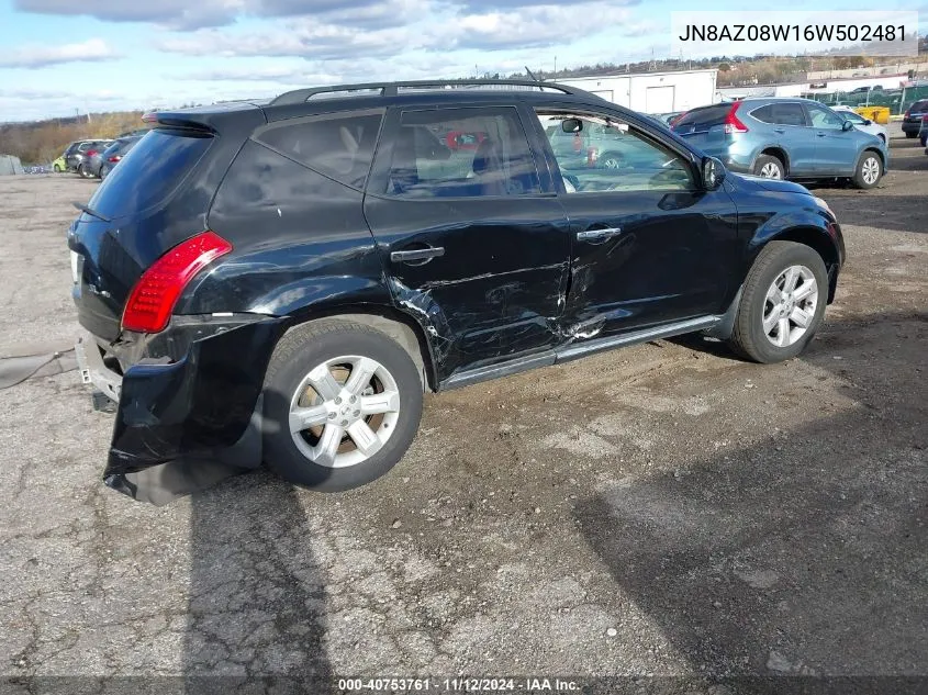 2006 Nissan Murano Sl VIN: JN8AZ08W16W502481 Lot: 40753761