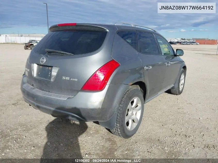 2007 Nissan Murano Sl/Se/S VIN: JN8AZ08W17W664192 Lot: 12106302