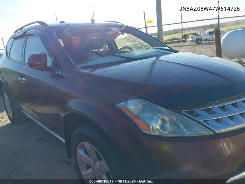 2007 Nissan Murano Sl VIN: JN8AZ08W47W614726 Lot: 40510017